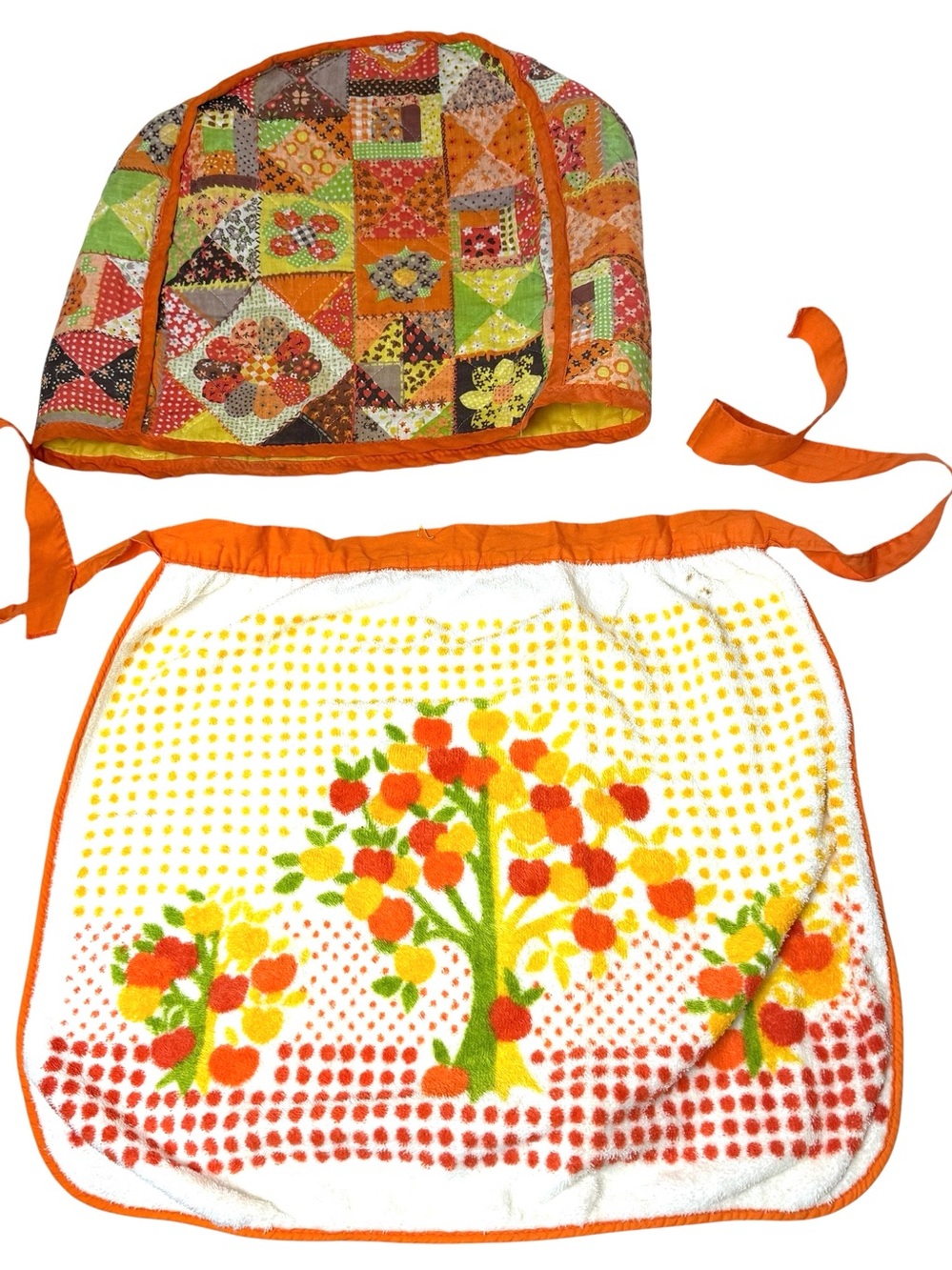 VTG 70s Orange Quilted Toaster Cover & Towel Apron Royal Terry Patchwork Tree
